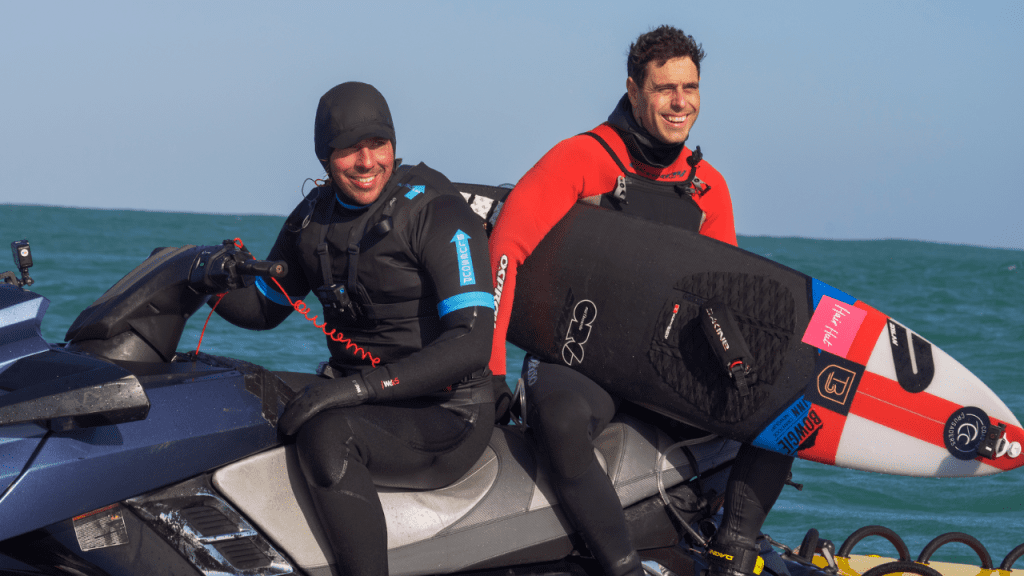 Tom Butler and Adam Griffiths wait hopefully for the monster wave in Cornwall