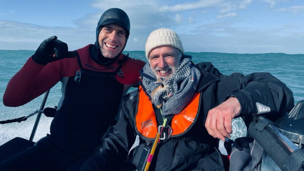 Big Wave Surfer Tom Butler and Big Wave director/ producer Mike Cunliffe our on the boat